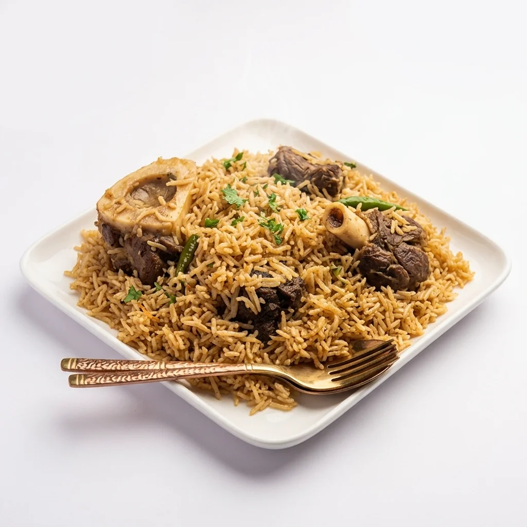 Yakhni pulao with bone-in meat and basmati rice at Shahi Zaika Indian restaurant Calgary
