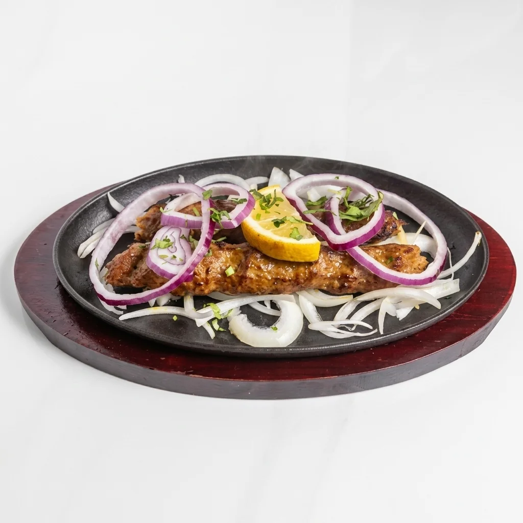 Sizzling seekh kabab with onions and lemon at Shahi Zaika Calgary
